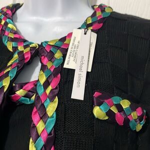 Michael Simon Ribbon Weave Colorful Trim Cashmere Blend Cardigan Set Sz M NWT